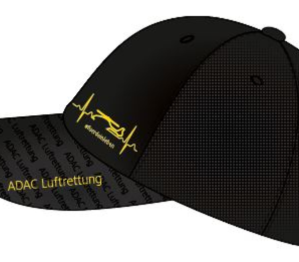 Schwarze Baseballkappe mit gelbem Herzschlag-Logo und Schriftzug ADAC Luftrettung.